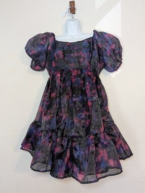 Cosmic Aura Galaxy Puff Sleeve Babydoll Mini Dress Celestial Witchy Whimsigoth M